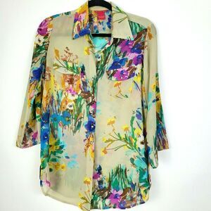 Sunny Leigh‎ Women's Semi-Sheer Floral Blouse Small Rhinestone Buttons